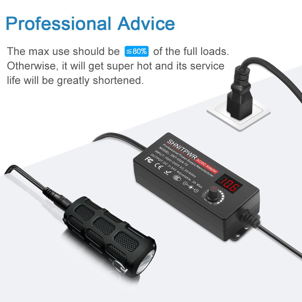 SHNITPWR 3V ~ 24V 3A 72W Power Supply Adjustable DC 3V 5V 6V 9V 12V 15V 16V 18V 19V 20V 24V Variable Universal AC/DC Adapter 100V-240V AC to DC Converter with 14 Tips 5.5x2.5mm 4.0x1.7mm 3.5x1.35mm