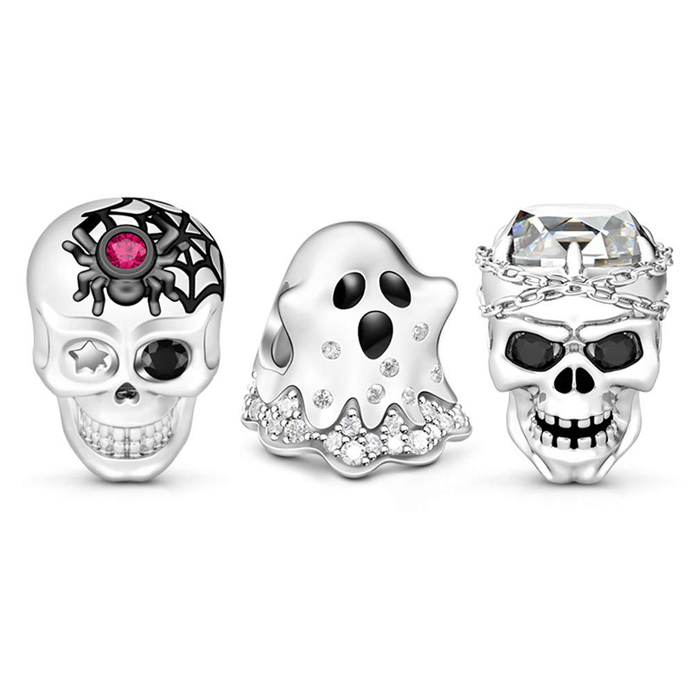GNOCE [3 Packs] Skull Ghost Charms Sterling Silver “Hold My Heart Forever" Combination Charm Bead Fit Bracelet/Necklace Jewelry Gift for Women Mens