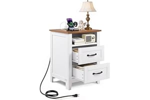 VEVOR Farmhouse Nightstand, with Charging Station, End Table with 2 Drawers and Open Shelf, Bedside Storage Cabinet, Rustic S
