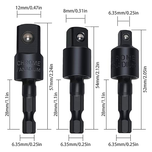Impact Driver Adapter Set - 1/4" Auf 1/2" & 3/8", Schlagfester Stahl, Mit Sicherungskugel