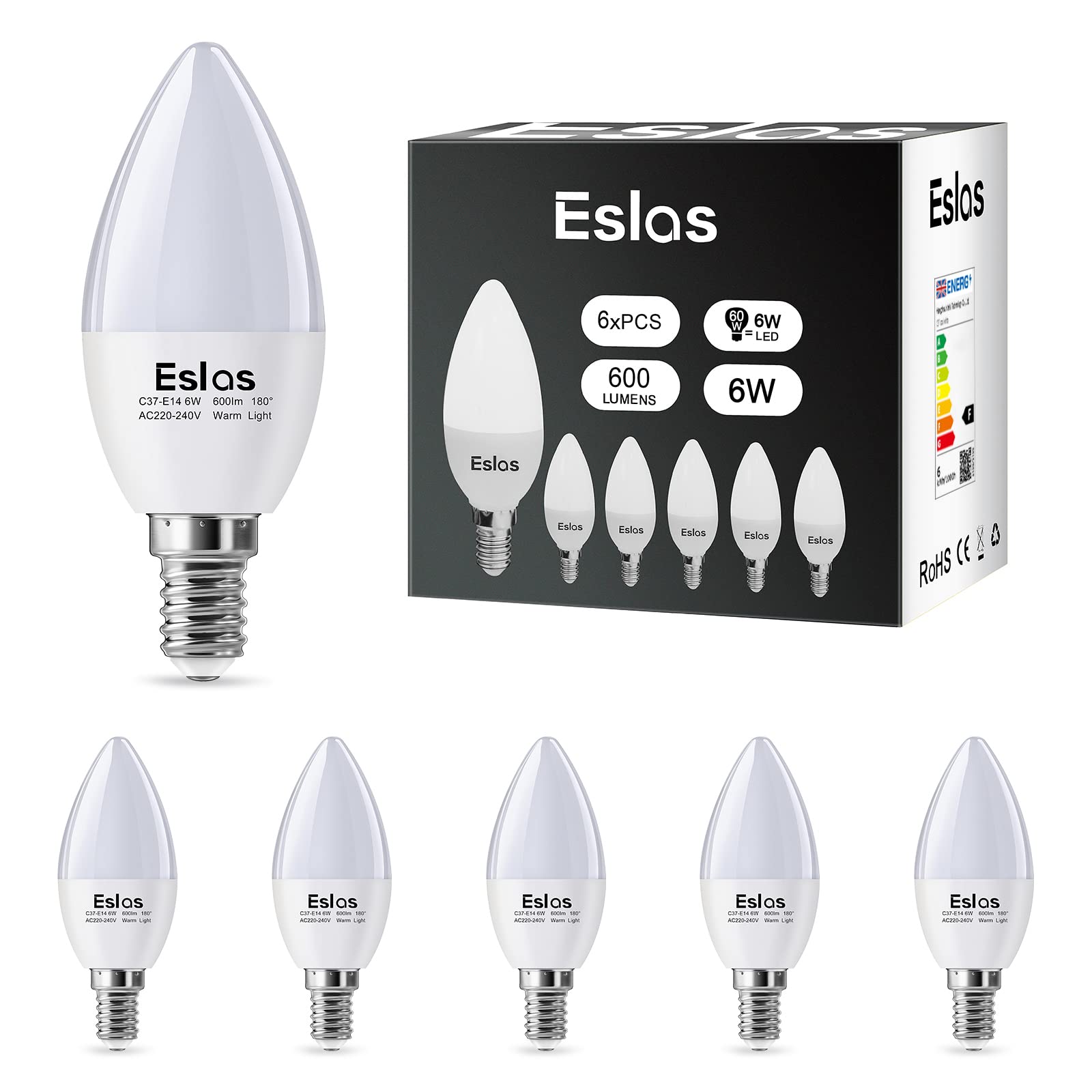 Eslas E14 LED Light Bulb, 6W E14 LED Candle Light Bulb, Warm White 3000K,C37 600lm, SES Small Edison Screw Candle Light Bulbs, 60 Watt Equivalent, Non-Dimmable, Pack of 6