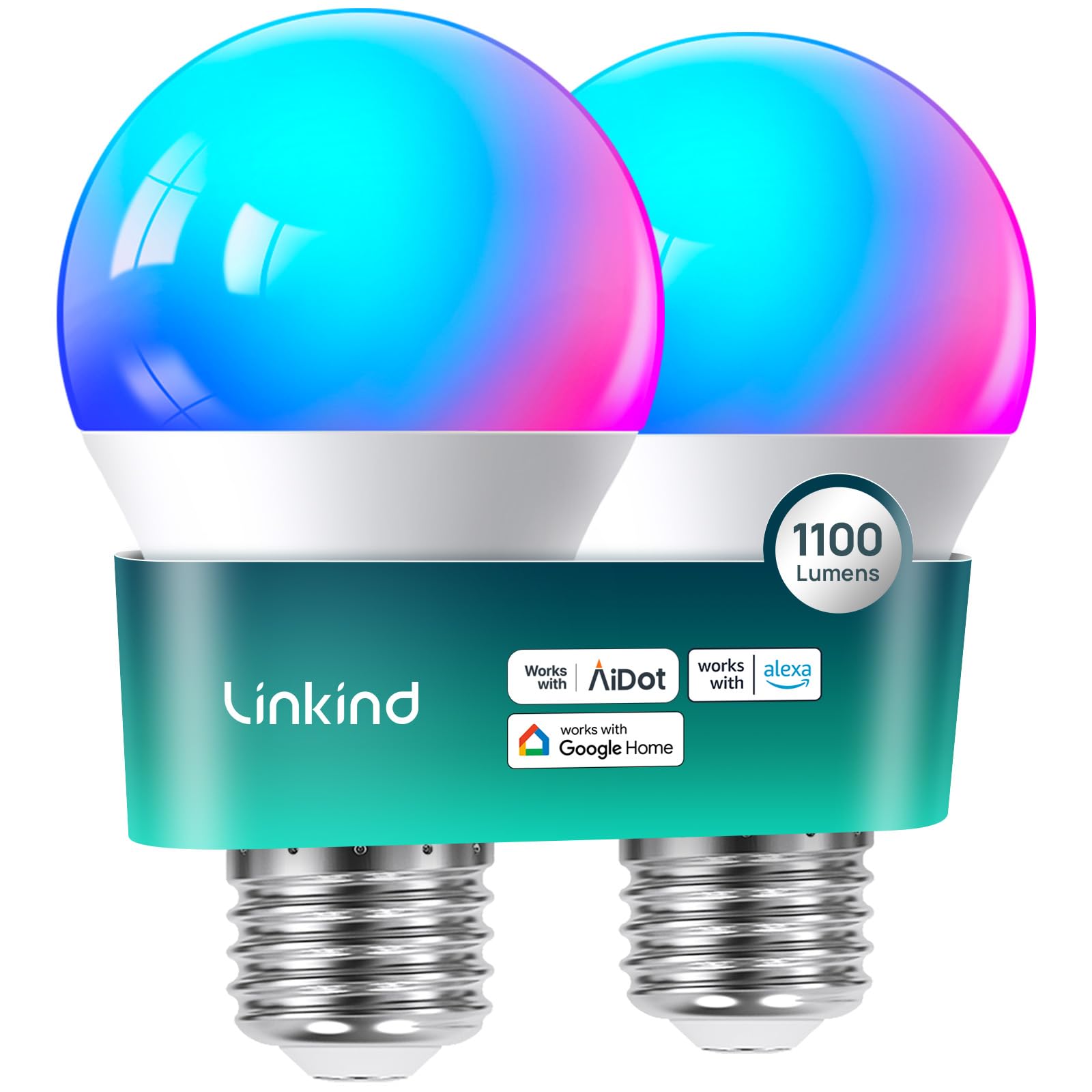 Photo 1 of Linkind Smart Light Bulbs, 1100LM (75W Equivalent) Smart Bulb, Work with Alexa & Google Home, RGBTW Color Changing Bulbs Music Sync, 2.4GHz Wi-Fi & Bluetooth, LED Alexa Light Bulbs 11W, A19 E26, 2Pack