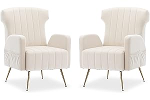 Villeston Accent Chairs Set of 2 for Living Room Velvet High Back Comfy Armchair Single Sofa with Metal Legs for Bedroom Office, Beige