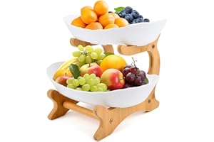 TIMESETL 2 Tier Fruit Bowl with Wood Stand for Kitchen Counter, Plastic Modern Fruit Basket Serving Bowls Snack Storage Baske