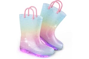 FUNCOO PLUS EUXTERPA Girls Glitter Light Up Waterproof Rain Boots Toddler Kids Rainbow Boots with Easy On Handles