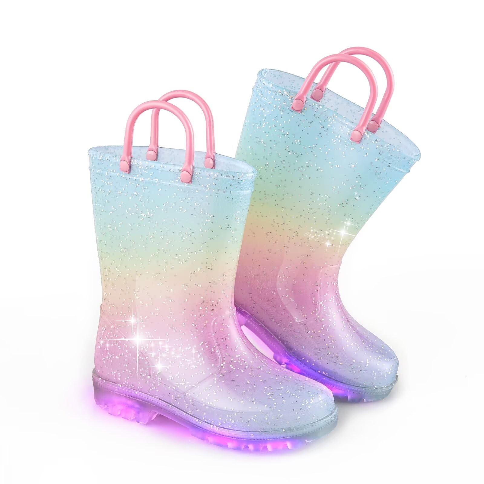 Photo 1 of EUXTERPA Girls Glitter Light Up Waterproof Rain Boots Toddler Kids Rainbow Boots with Easy On Handles, Pink Gradient, Toddler Size 9