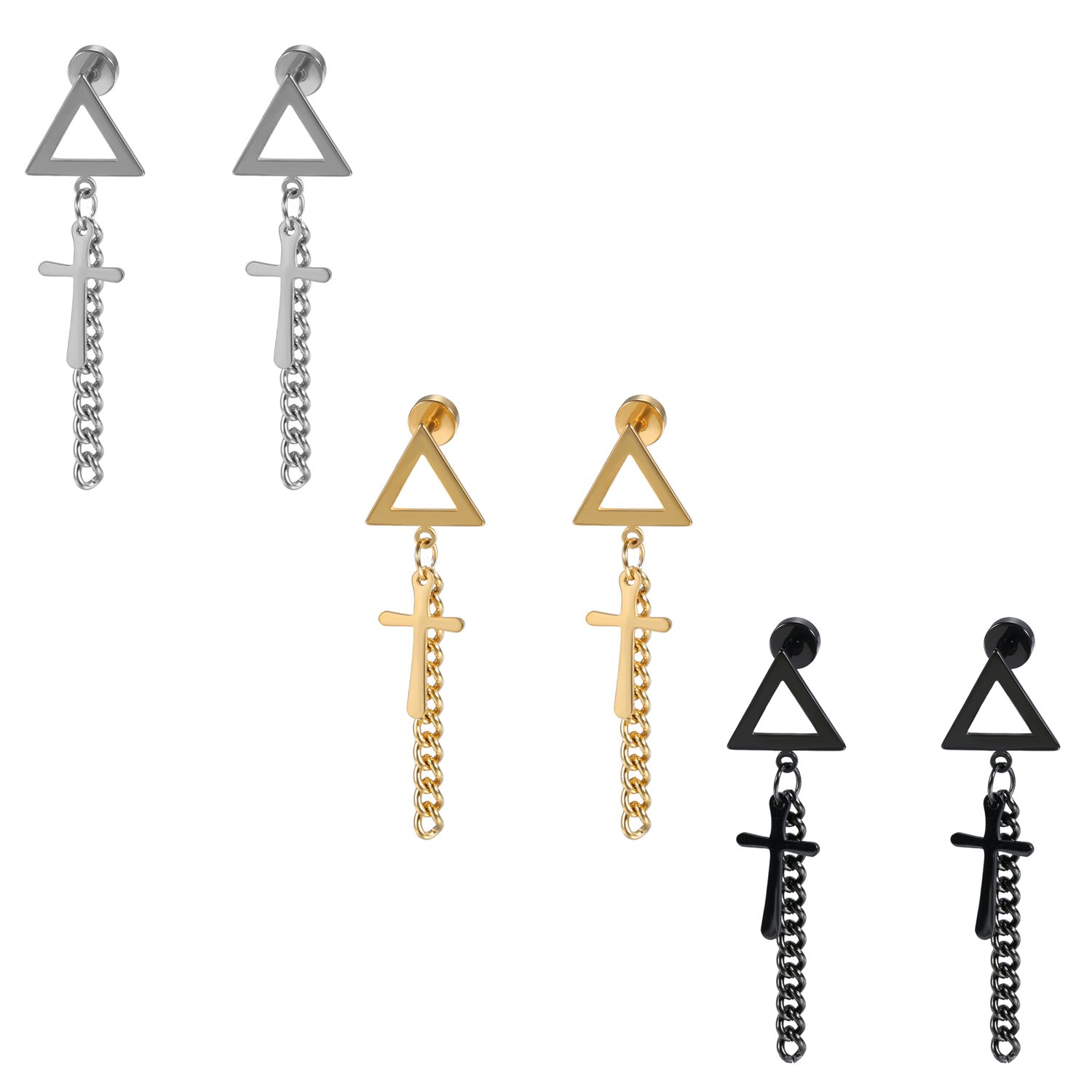 JewelryWe 3 Pairs of Unisex Geometric Triangle Cross Tassel Earrings Stainless Steel Link Chain Drop Dangle Earring For Men Women