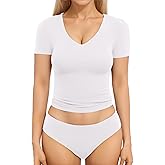 MANGOPOP Women's Double Lined Short Long Sleeve Tops V Neck T Shirts Fitted Basic Tee