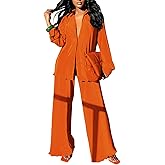 Neyaolk Women Pleated 2 Piece Pants Outfits Casual Loose Button Shirt Blouse Top Long Wide Leg Palazzo Pants Set Jumpsuit