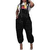 Lachmose Womens Overalls Denim Loose Fit Wide Leg Bib Baggy Jeans Jumpsuit Comfy