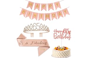 Happy 65th Birthday Sash for Women,Rose Gold Birthday Decorations With Cake Topper,Crown Tiara,Sash,Happy Birthday Banner,Gif