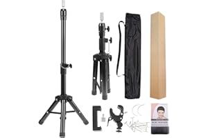 DORSANEE Wig Stand Tripod Mannequin Head Stand Metal Adjustable Heavy Duty Wig Head Stand for Canvas Block Head Cosmetology Hairdressing Training Doll Head and Styling Making Wigs with Smartphone Clamp Mount