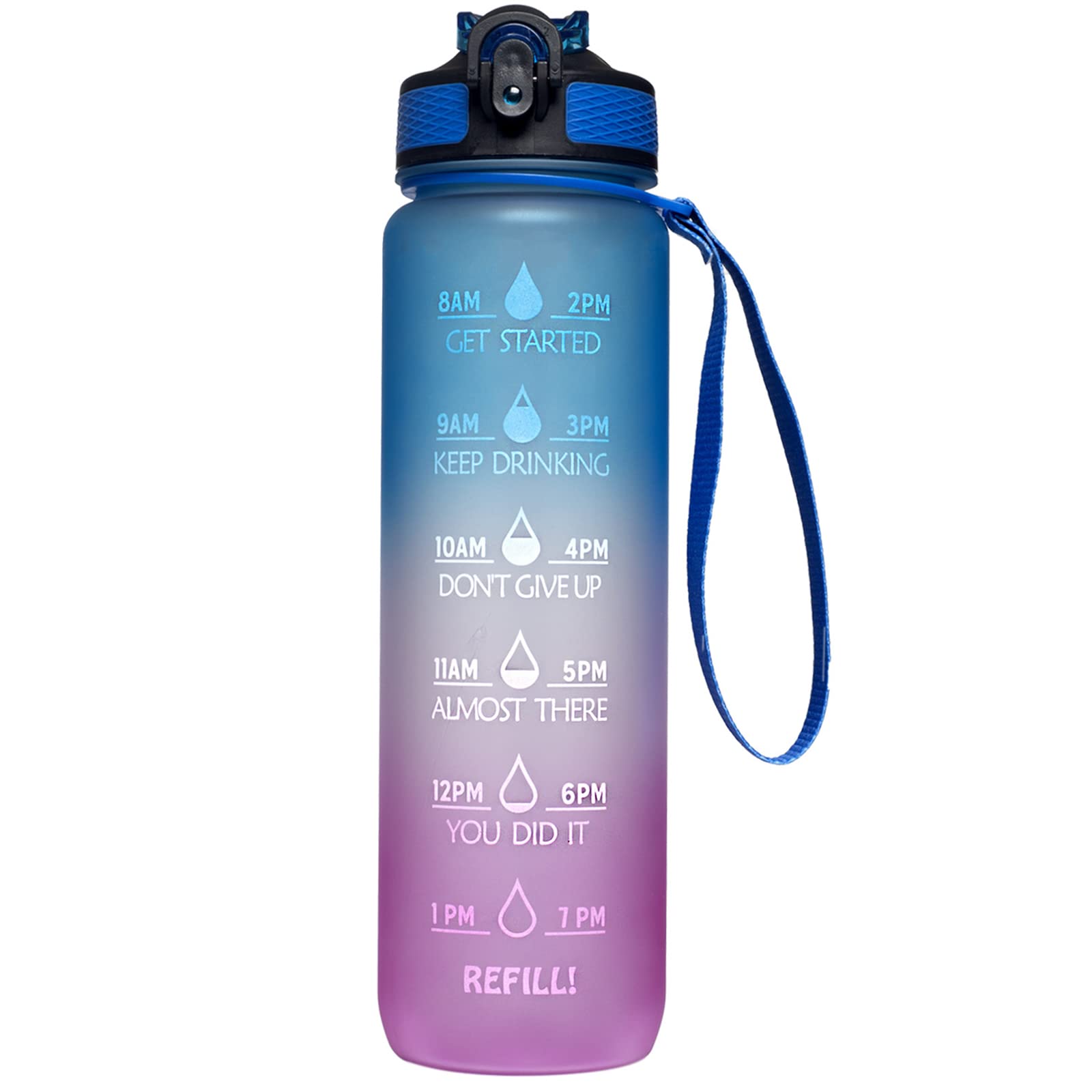 WANGCL 32oz Water Bottle with Straw Motivational Time Marker Portable Reusable Fitness Sports and Outdoor Water Jug （Blue/Purple Gradient）