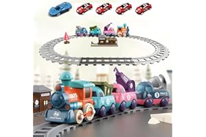 TIMSTSTE Train Set Toy for Kids, with Carriages and Tracks, Transparent Locomotive with Gear Structure, Light and Sound Effects (with On/Off Switch), Innovative Foldable Catapult Track, Alloy Race Car, Age 3+