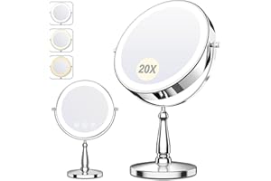 WOOCICA Makeup Mirror with Lights, 20X Magnifying Mirror with Light for Women, 5000 mAh Vanity Mirror with Lights and 3 Colors, 2-Sided Lighted Magnified Mirrors for Delicate Makeup, 9 Inch