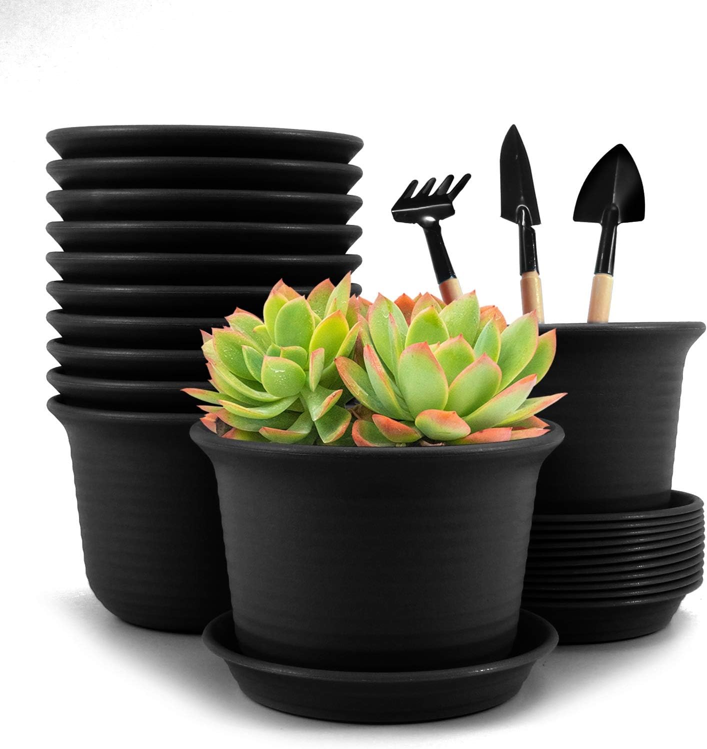 Baodan Plastic Flower Plant Pots, 6 inch Plant Containers with Drainage Holes and Trays, Decorative Round Seedling Nursery Planters for Indoor Outdoor, Set of 12- Plants Not Included (Black)