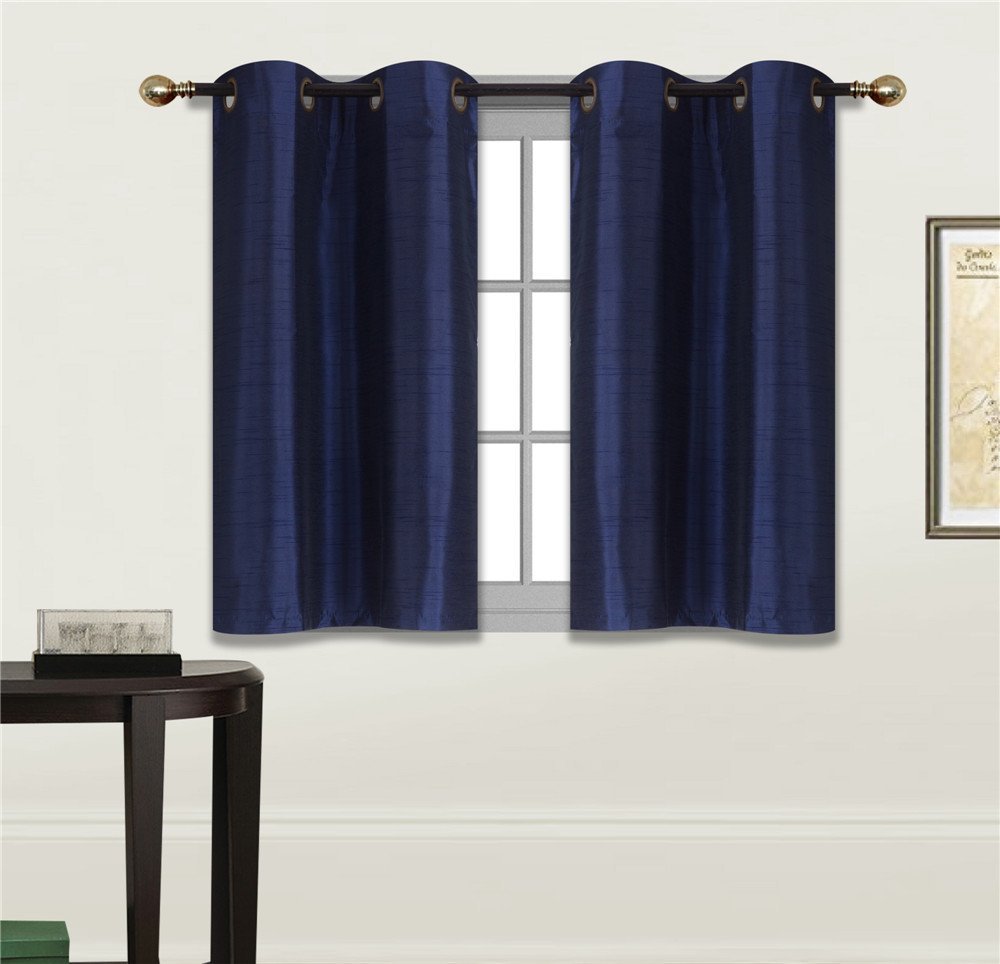 Elegant Home 2 Panels Tiers Grommets Small Window Treatment Curtain Faux Silk Insulated Blackout Drape Short Panel 28" W X 36" L Each for Kitchen Bathroom or Any Small Window # D24 (Navy Blue)