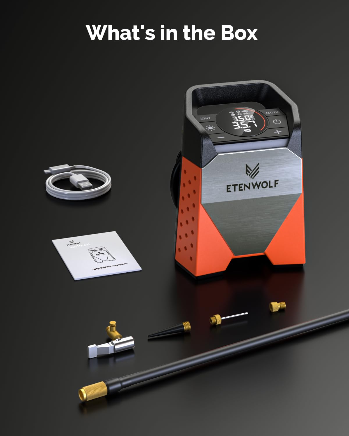 ETENWOLF ZEPHYR S3 Tire Inflator Portable Air Compressor, 1 Min Fast Inflation and 100% Duty Cycle, 160 PSI Air Pump for Cars, SUVs, Bikes, Balls (Vivid Orange)