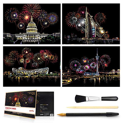 MIASTAR Scratch & Sketch Art for Kids & Adults, Rainbow Painting Night View Scratchboard(A4), Art & Craft, Scratch Art Set: 4 Sheets Scratch Cards & Scratch Drawing Pen, Clean Brush (City Fireworks) - Thumbnail 7