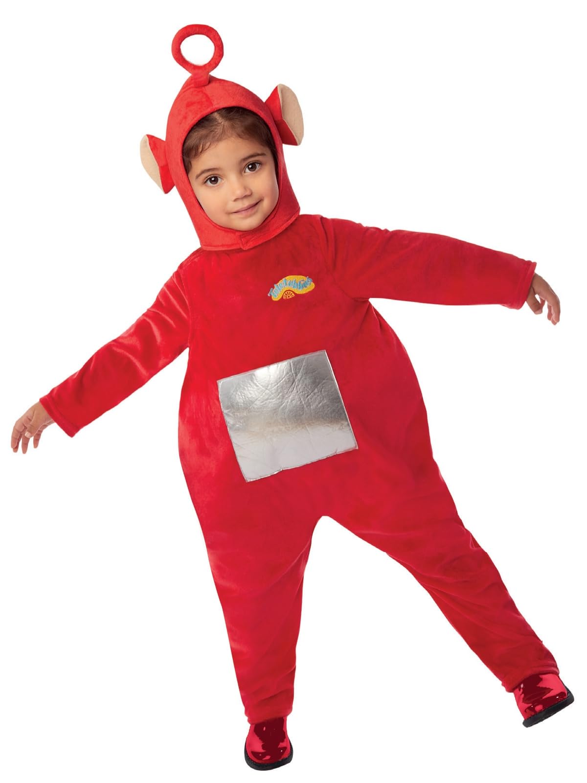 Smiffys Teletubbies Po Costume for Kids, Red All-In-One with Character Hood, Official Teletubbies License Outfit in Red Padded Belly & Velcro-Detachable Hood