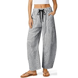 TARSE Womens Striped Linen Barrel Pants Drawstring Y2k Patchwork Pockets | Baggy Loose Fit, Wide Leg, Color-Block Stripe, Lig