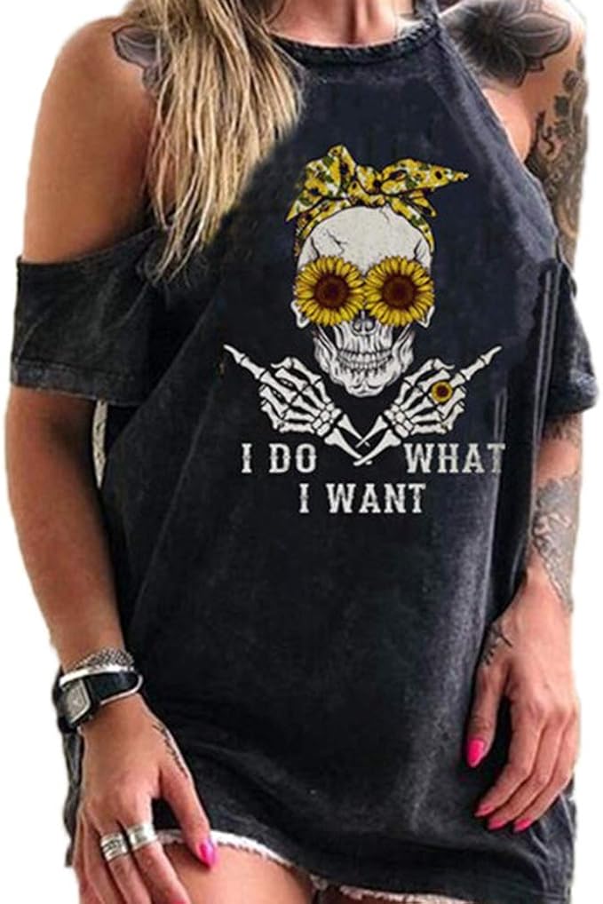 Women's Skull Print Funny TShirts Fashion Graphic Print Tee Shirt Off