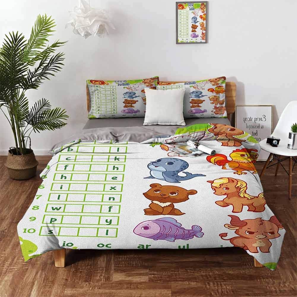 Word Search Puzzle Washed Duvet Cover Set, Rebus Game with Animals for Preschool Kids Find Correct Part of Words 3 Piece (1 Duvet Cover + 2 Pillow Shams) Brushed Microfiber Bedding - Cal King 104"x98"
