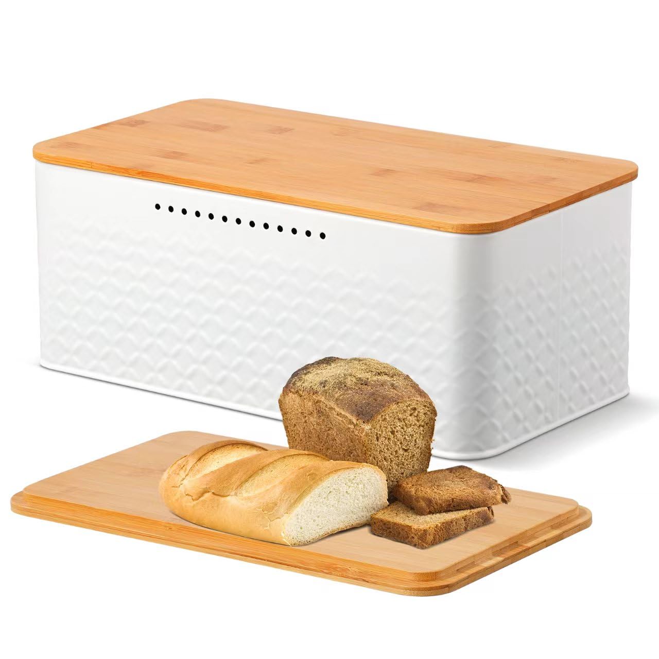 Chuboir Bread Bin, Metal Bread Box with Bamboo Lid Usable as Cutting Board, Bread Storage Container Holder for Kitchen Countertop, 13 x 7 x 5.3 inch (White)