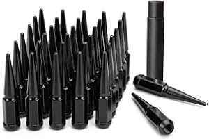 Dynofit M14x1.5 Spike Lug Nuts, 32Pcs Black 14x1.5 Wheel Lug Nut, 4.4" Tall Closed End Nuts with 1 Socket Key for Silverado S
