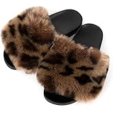 FUNKYMONKEY Women's Slides Faux Fur Cute Slip On Fuzzy Slippers Comfort Flat Sandals