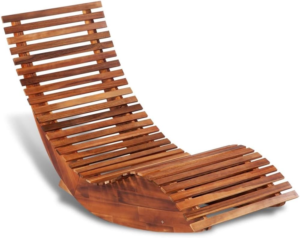 Fesjoy Rocking Sun Lounger Acacia Wood Reclining Sunlounger Garden Deck Chair Recliner Garden Patio Pool Sauna Sunbed Beach Chair