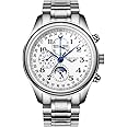 Guanqin Men Analog Automatic Self Winding Mechanical Wrist Watch with Stainless Steel/Leather Band Moon Phase (Silver White-Steel Chain)