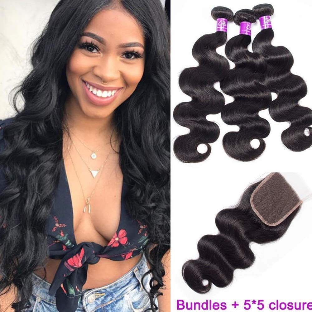 Star Show Brazilian 3 Bundles Body Wave With 5x5 Closure 100% Unprocessed Virgin Hair Weft With Free Part 5x5 inch Lace Closure With Baby Hair Natural Color Free part (22 24 26 with 20)