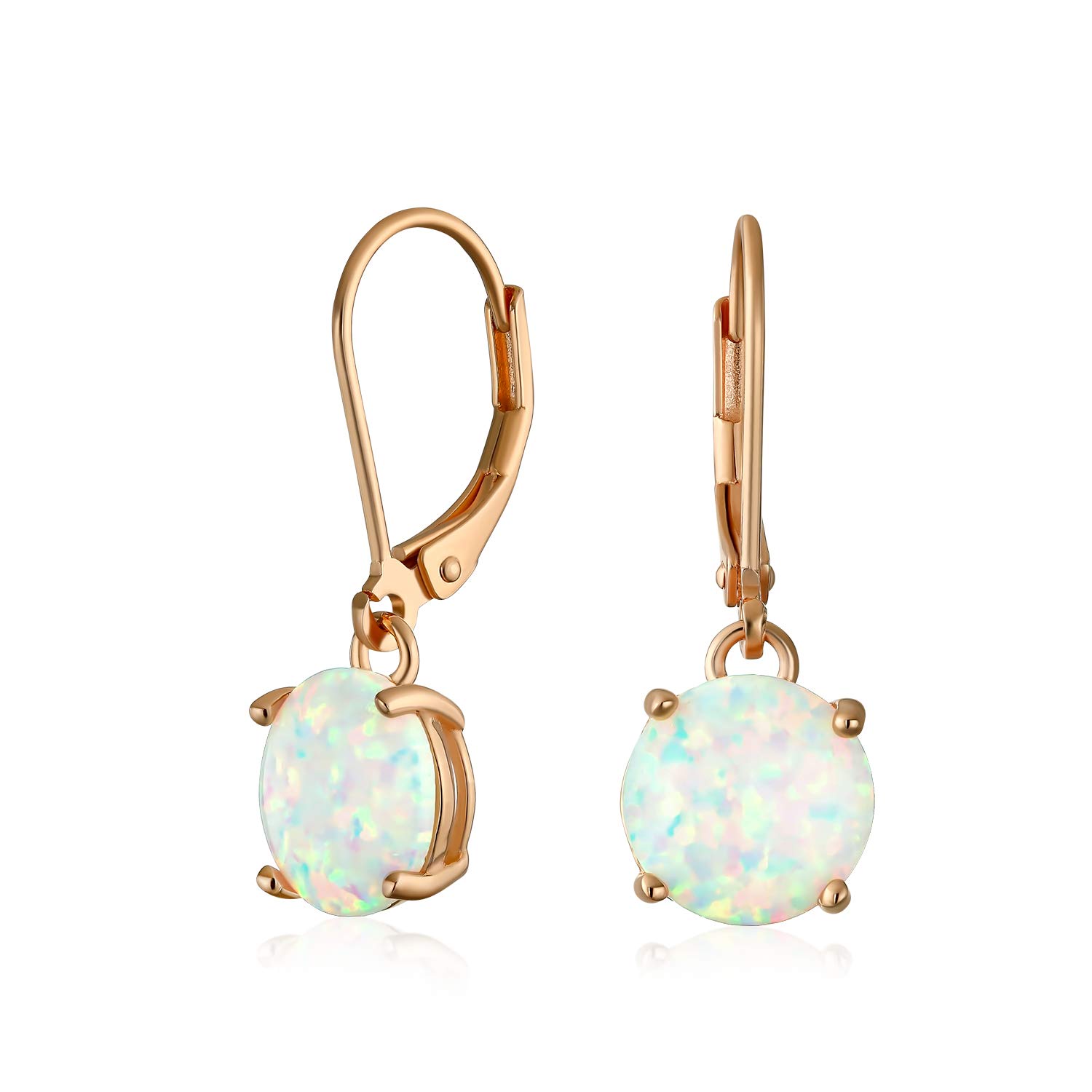 Simple Round Solitaire White Created Opal Lever back Dangle Drop Earrings Rose Gold Plated .925 Sterling Silver