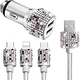 Bling Dual USB Car Charger with 3-in-1 Multi Fast Charging Cable, Dual Port Charger Adapter with Type C Micro USB Cord for iPhone, Android, Rhinestones Car Interior Accessories for Women(Purple)