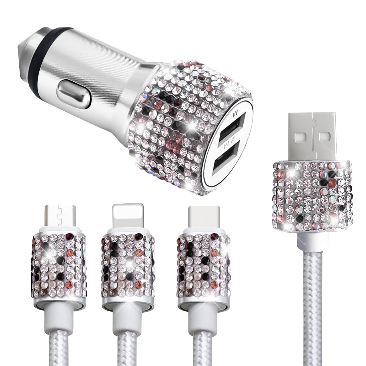 Bling Dual USB Car Charger with 3-in-1 Multi Fast Charging Cable, Dual Port Charger Adapter with Type C Micro USB Cord for iPhone, Android, Rhinestones Car Interior Accessories for Women(Purple)