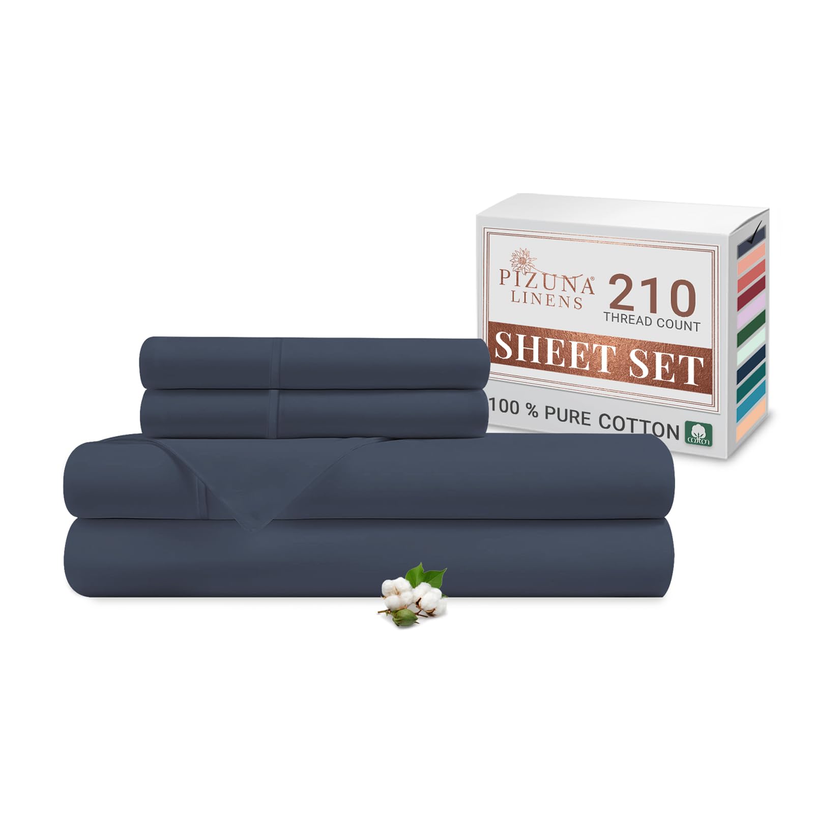Pizuna Cotton Percale Double Bed Sheet Set Dark Blue, 100% Long Staple Combed Cotton Bedding Set 230x280 cm Percale Weave 4 PC Double Bed Sheet Set - Fitted Sheet, Flat Sheet & 2 Pillowcases