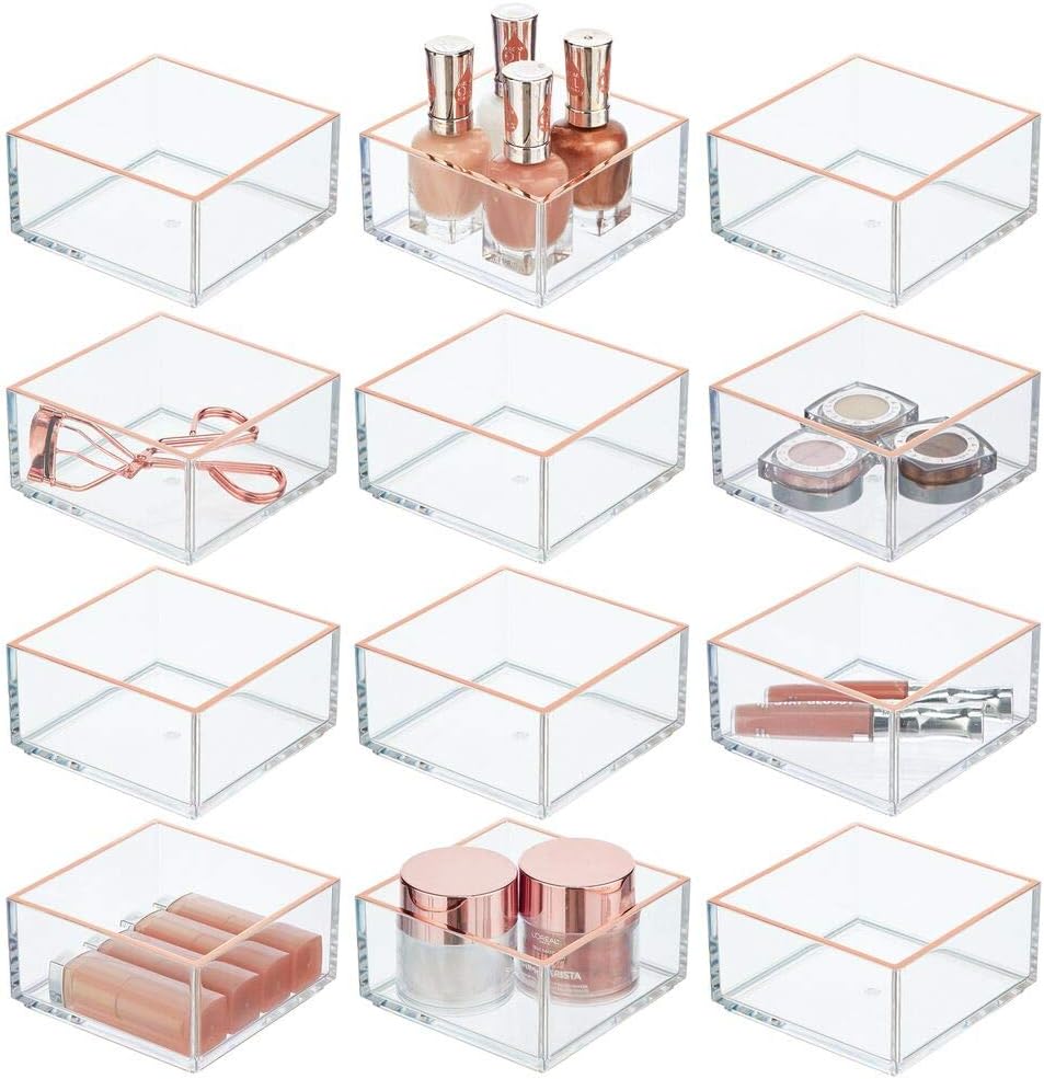mDesign Plastic Stackable Drawer Organizer for Home Office, Desk Drawer, Shelf or Closet to Hold Staples, Highlighters, Adhesive Tape, Paper Clips, Stamps - Square, 12 Pack - Clear/Rose Gold