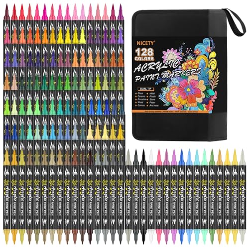 128 Acrylic Paint Markers, Dual Tip Brush Paint Pens for Adult Artists - Fine & Brush Tip Water Based Acrylic Markers for Canvas, Wood, Ceramic, Glass, Metal Surfaces
