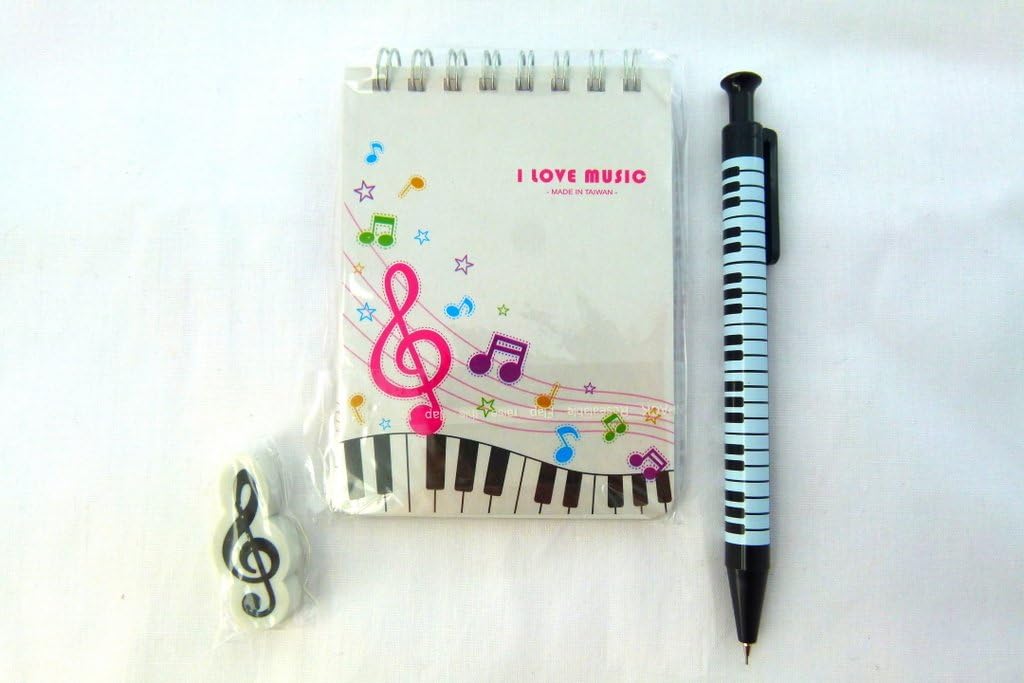 Music Themed Notebook Set - White Musical Note Keyboard Design A7 Spiral Bound Notebook, Treble Clef Eraser & Mechanical Pencil