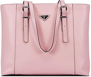 BOSTANTEN Women Briefcase Leather Laptop Tote Handbags 15.6 inch Computer Shoulder Bags Pink