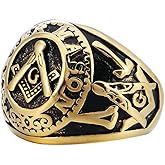 SINLEO Stainless Steel Gold Plated Vintage Freemason Symbol Masonic Rings Biker Bands for Men