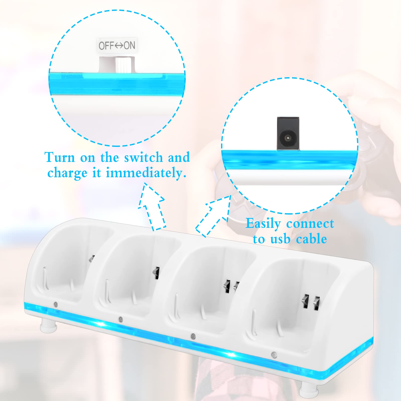 Wii Remote Charging Station, 4-in-1 Controller Charger Station with 4 Wii Rechargeable Battery Pack & USB Cable for Wii/Wii U Controller Remote (White)