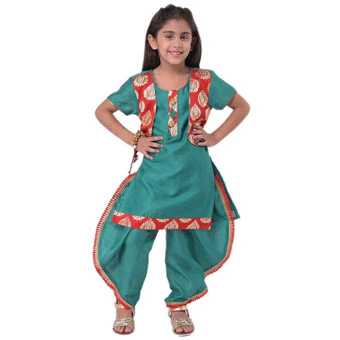 M'ANDY By Hopscotch Girls Silk Foil Jacket Suit With Side Dhoti in Green Color