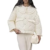 CUFEZN Womens Cropped Quilted Puffer Jackets Frilly Peter Pan Collar Button Down Lightweight Cream Cute Padded Coats
