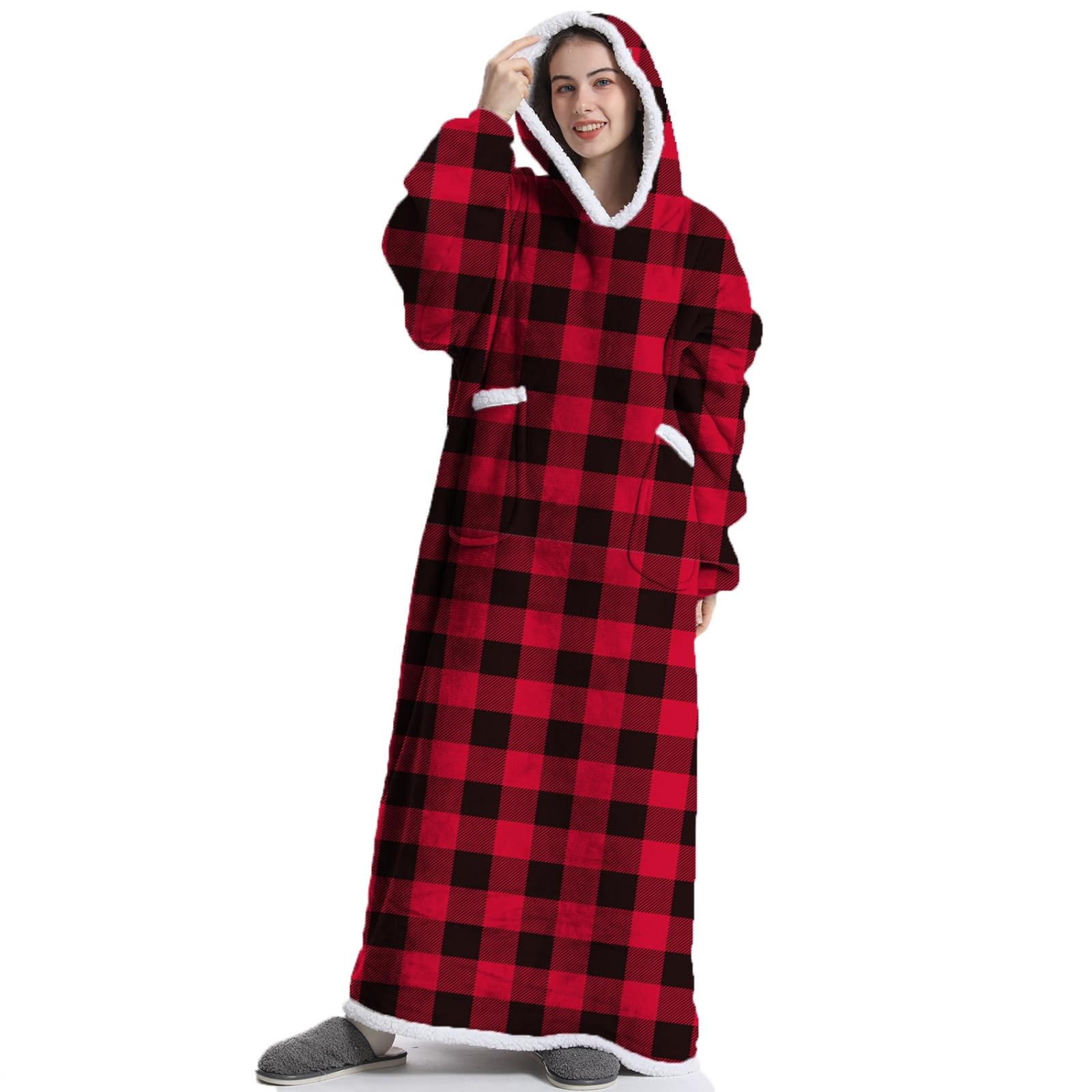 Boikey Oversized Hoodie Velvet Blanket Jumper Sweatshirt,Extra Long Hooded Blanket with Sleeves Hoodie Wearable,Throw with Pockets One Size for Adult Women and Men (Christmas red) — image 1