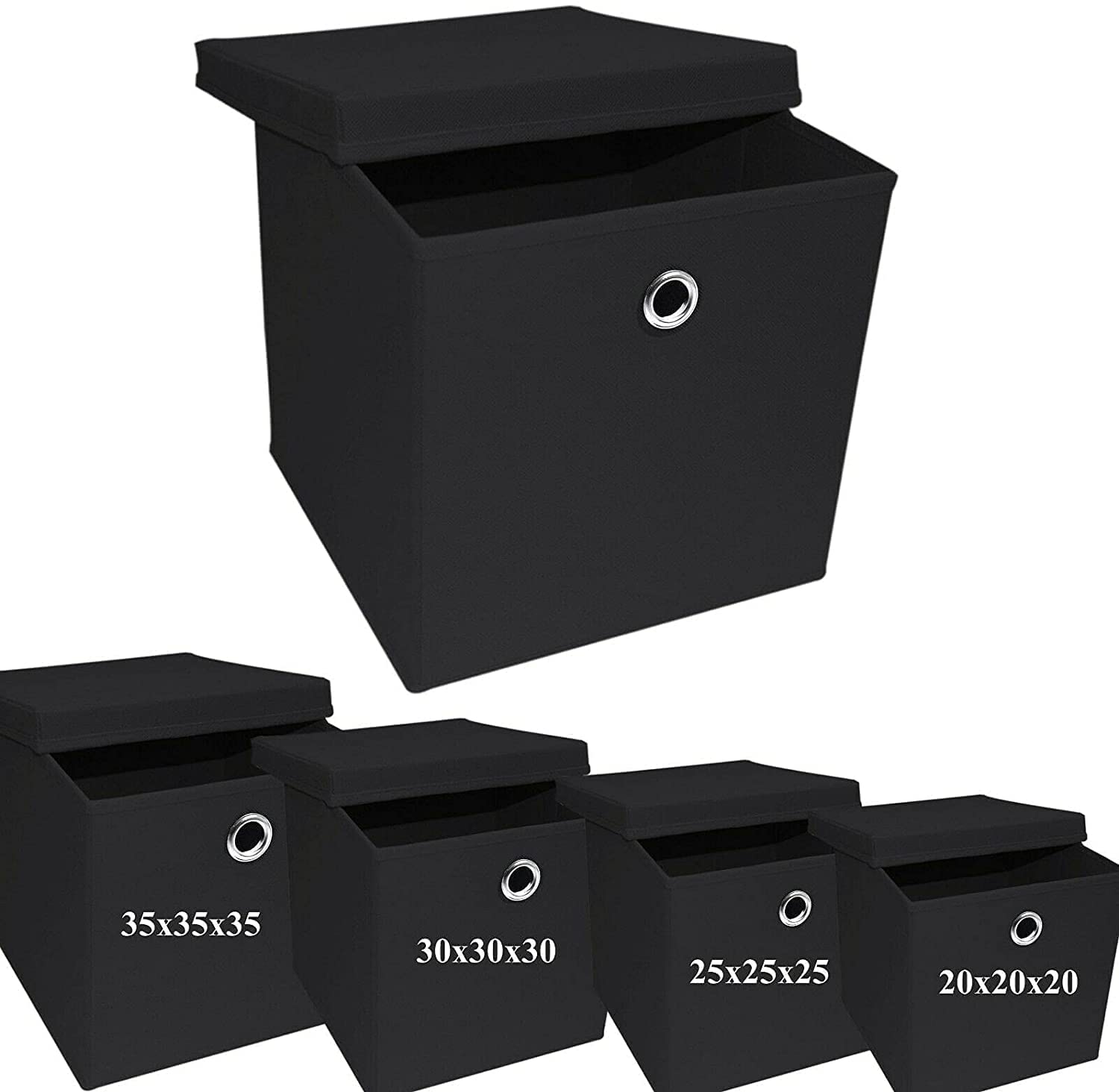 A406 3x Foldable Storage Boxes with Lid Storage Basket with Lid Fabric Cubes with Handles Collapsible Fabric Organiser Clothes Storage Box (Large -30x30x30cm, Black)