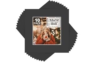 MBC MAT BOARD CENTER Mat Board Center, Pack of 10, 12x12 for 8x8 Black Color Mats - Bevel Cut, Acid Free, 4-ply Thickness, White Core - for Pictures, Photos, Framing