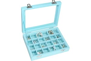 Vicoter Velvet Jewelry Box 24 Grid Jewelry Ring Display Organiser Box Tray Holder Earrings Storage Case for Girls Wife Mom Women (Light Blue)
