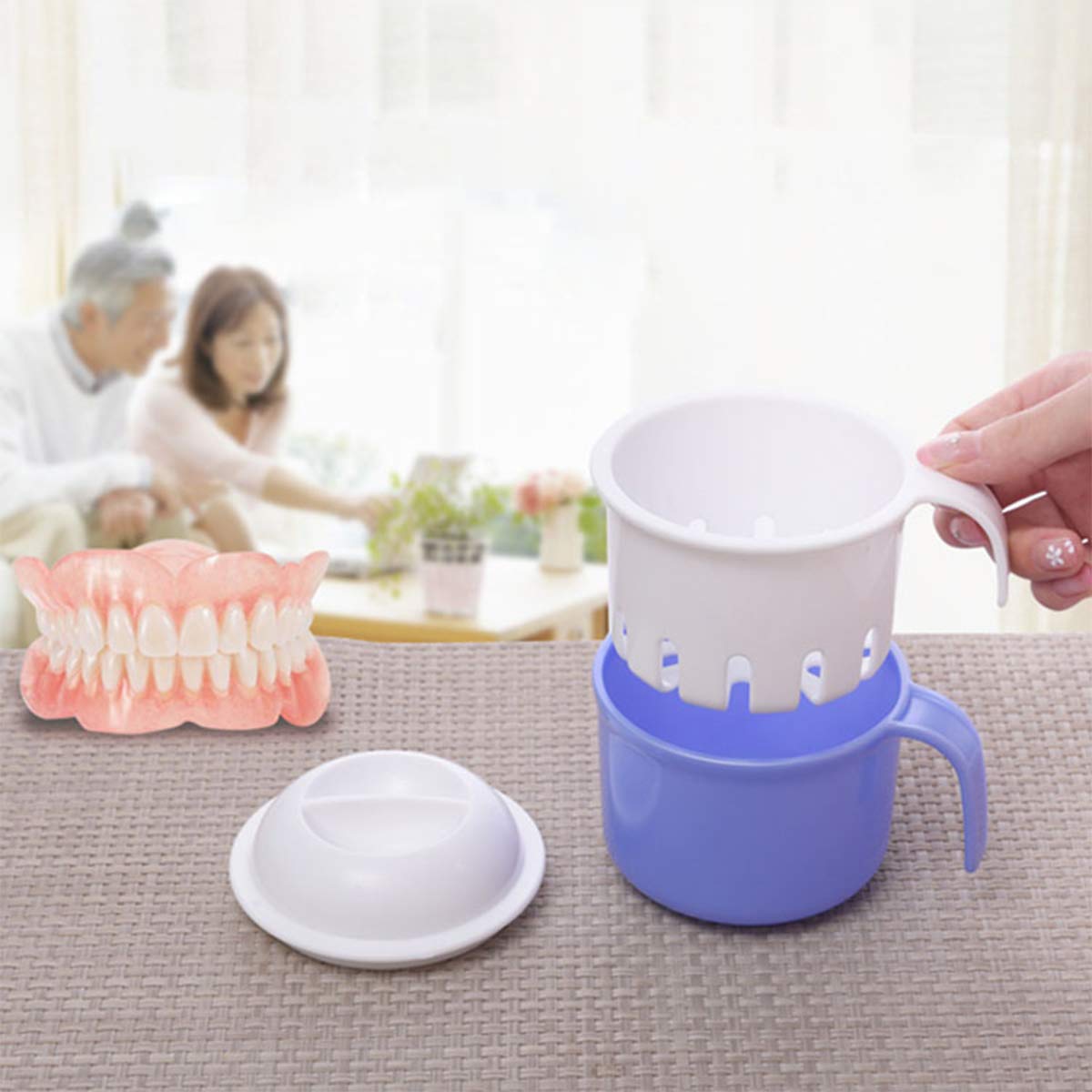 Denture Bath Cases Cleaner Brushes, Denture Holder Brush Retainer with Handle, Dentures Container with Removable Strainer Basket Holder : Beauty